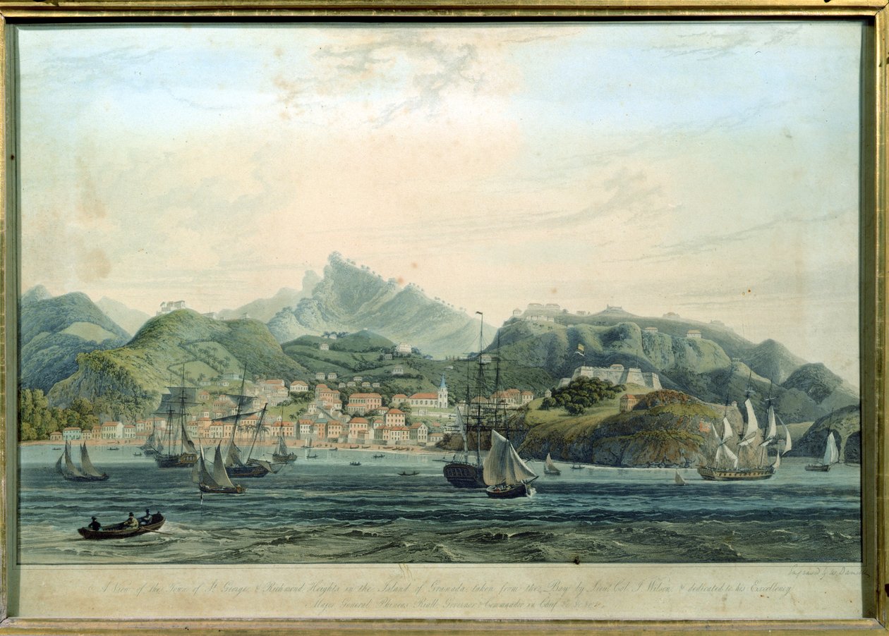 En utsikt over byen St. George og Richmond Heights på øya Grenada, gravert av William Daniell 1769-1837, gravering ca. 1810 av Lieutenant Colonel J. Wilson