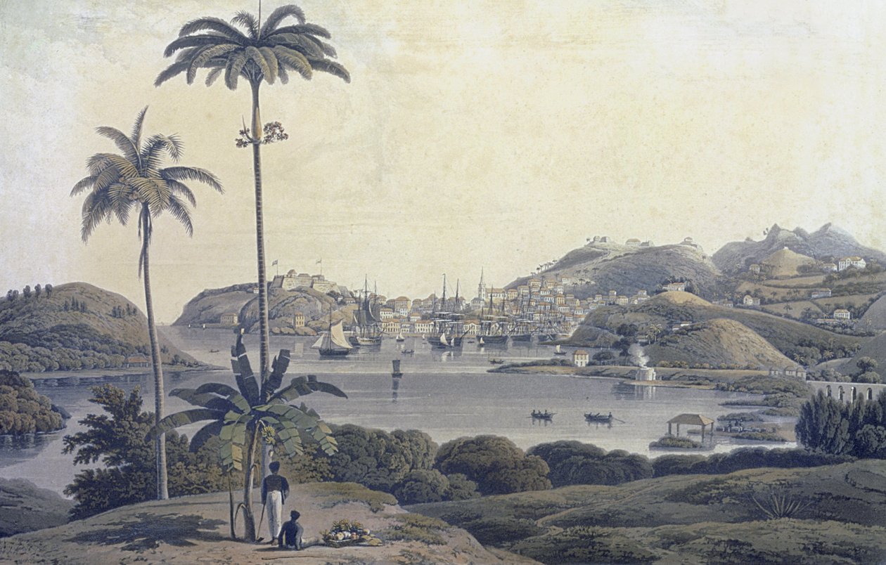 En utsikt over byen St. George på øya Grenada, tatt fra Belmont Estate, gravert av William Daniell (1769-1837), ca. 1810 av Lieutenant Colonel J. Wilson