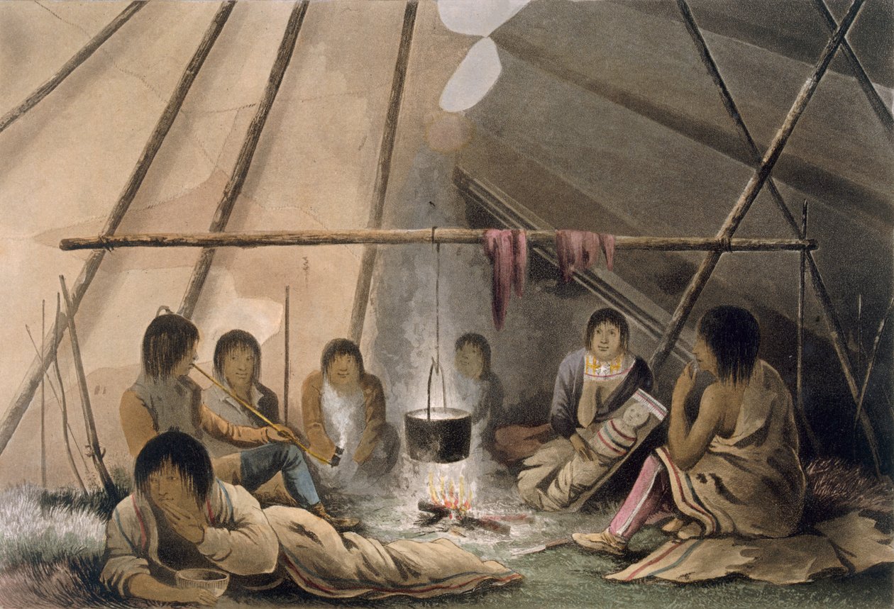 Interiør i et Cree-indianertelt, 1824 av Lieutenant Hood