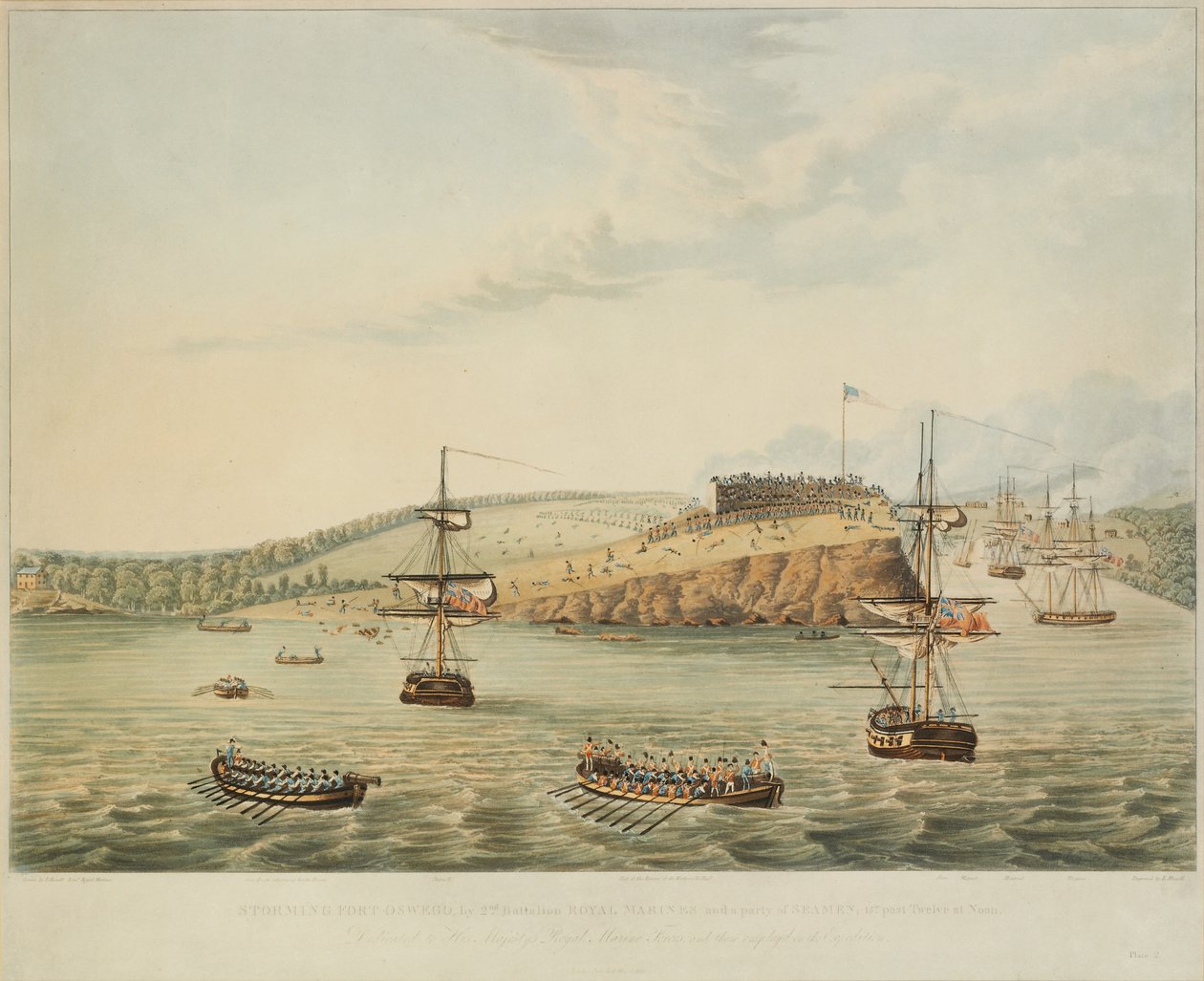 Angrep på Fort Oswego, Lake Ontario, N. Amerika. 6. mai 1814, middag, og stormende Fort Oswego av Second Battalion Royal Marines og et parti sjømenn, 15 meter over tolv på middagstid, gravert av R. Havell, 1815 av Lieutenant J. Hewitt