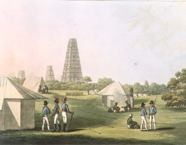 A View from the Royal Artillery Encampment, Conjeveram, plate 36 from &39;Picturesque Scenery in the Kingdom of Mysore&39;, gravert av H. Merke (fl.1800-20) pub. av Edward Orme (1774-c. 1820) 1805 (akvatint) av Lieutenant James (after) Hunter