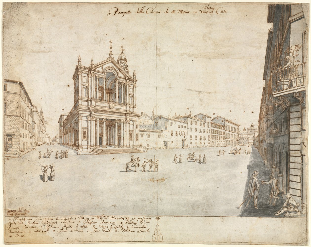 Atten utsikt over Roma: Santa Maria in Via Lata, 1665. av Lievin Cruyl