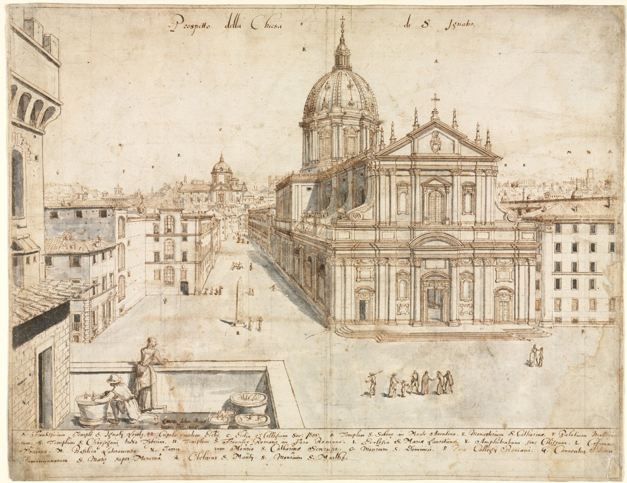 Atten utsikt over Roma: SantIgnazio-kirken, 1665. av Lievin Cruyl