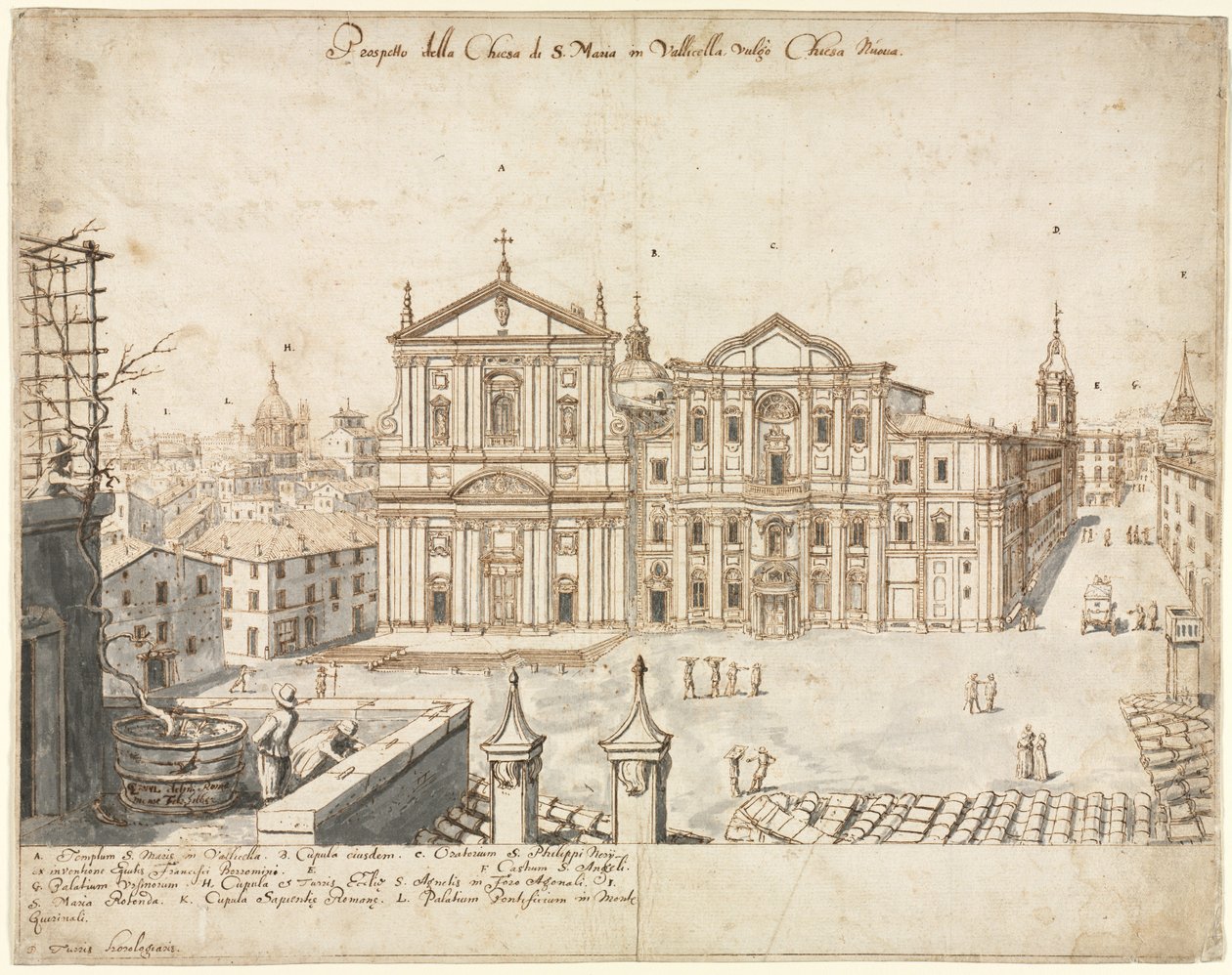Atten utsikt over Roma: Santa Maria-kirken i Vallicella, 1665. av Lievin Cruyl