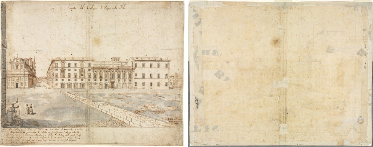 Atten utsikter over Roma: Collegio di Propaganda Fide (recto); Skisser av vinduer og pilastre på loftetasjen til Collegio di Propaganda Fide (verso) av Lievin Cruyl
