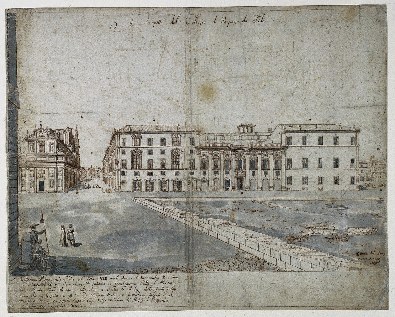 Atten utsikt over Roma: Collegio di Propaganda Fide recto, 1665. av Lievin Cruyl