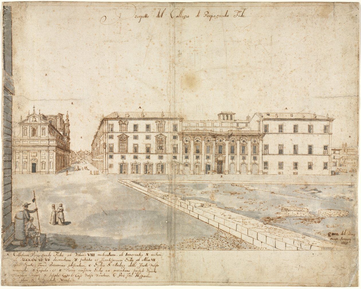 Atten utsikter over Roma: Collegio di Propaganda Fide recto, 1665. av Lievin Cruyl