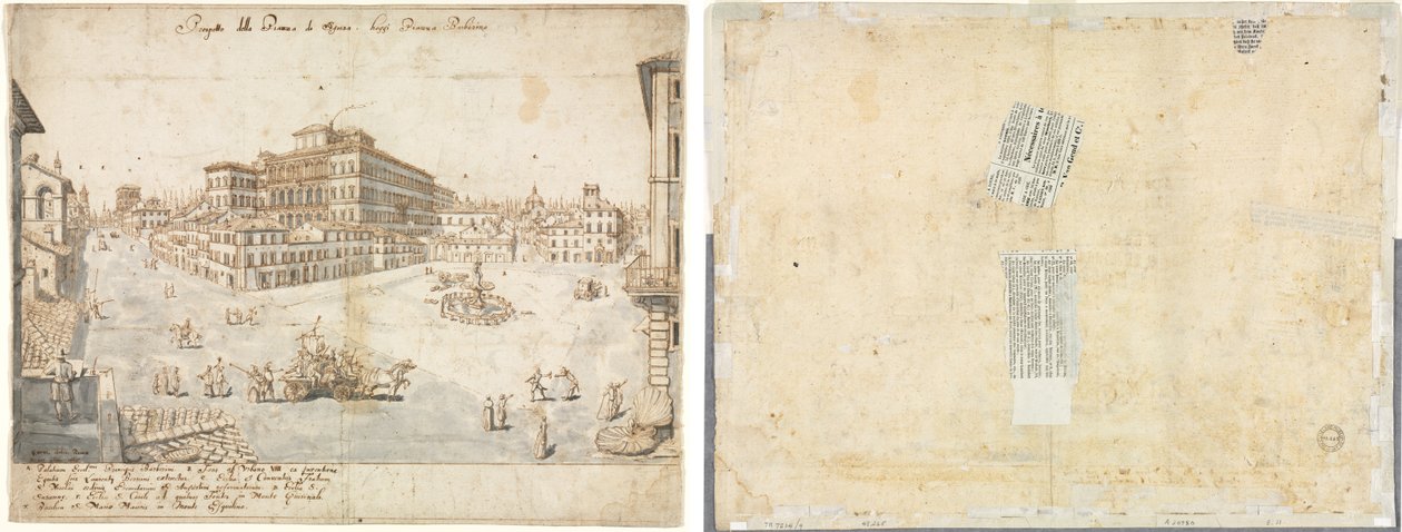 Atten utsikt over Roma: Piazza Barberini (recto); Sporing av en fontene fra Recto og skisser av to ansikter (verso) av Lievin Cruyl