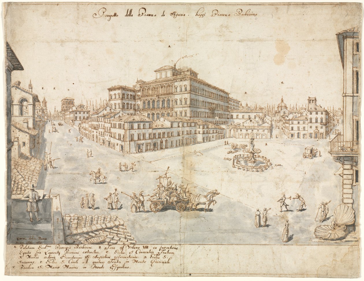 Atten utsikt over Roma: Piazza Barberini recto ..., 1665. av Lievin Cruyl
