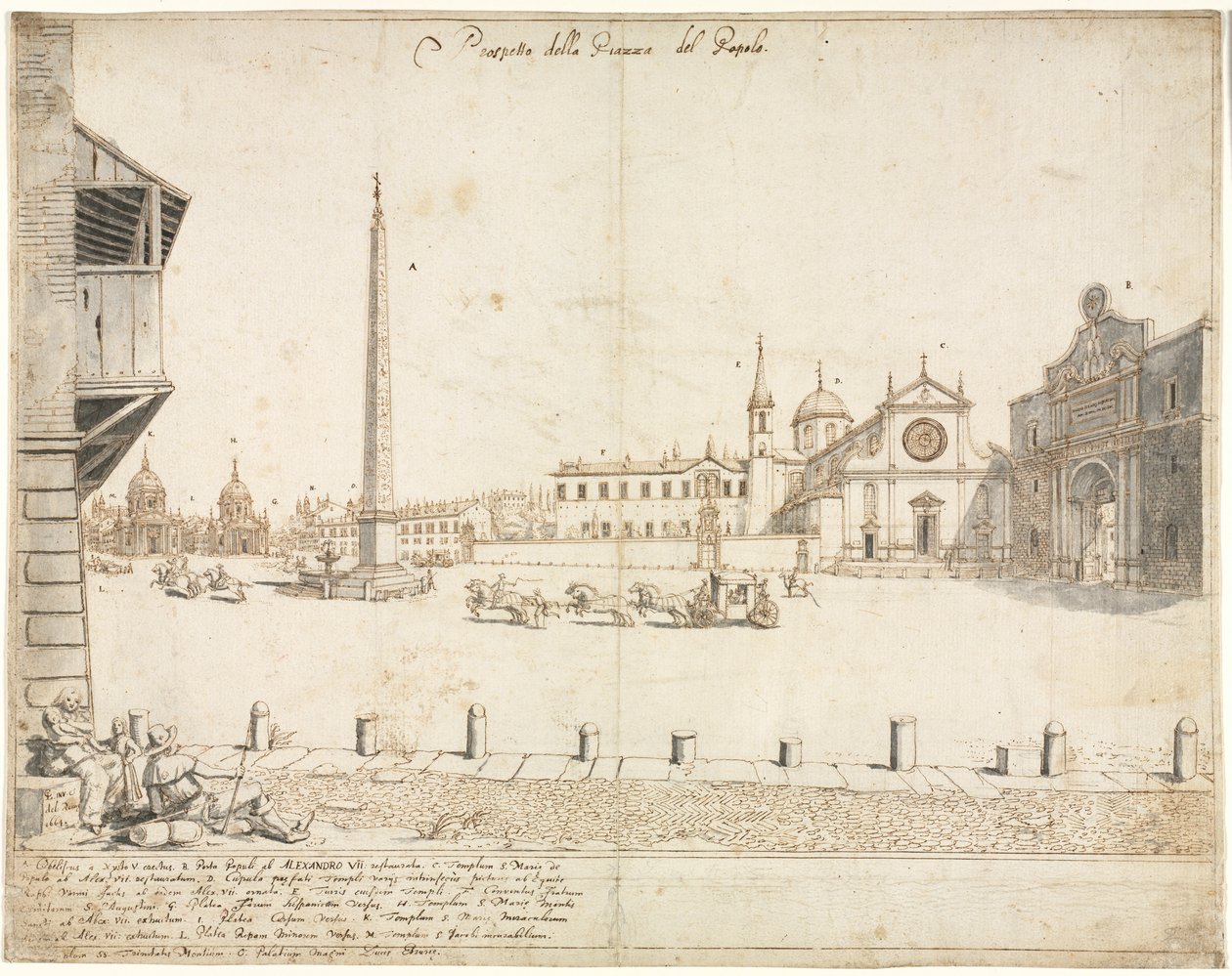 Atten utsikt over Roma: Piazza del Popolo (foran) av Lievin Cruyl