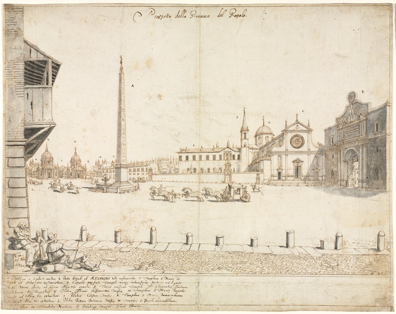 Atten utsikt over Roma: Piazza del Popolo recto, 1664. av Lievin Cruyl