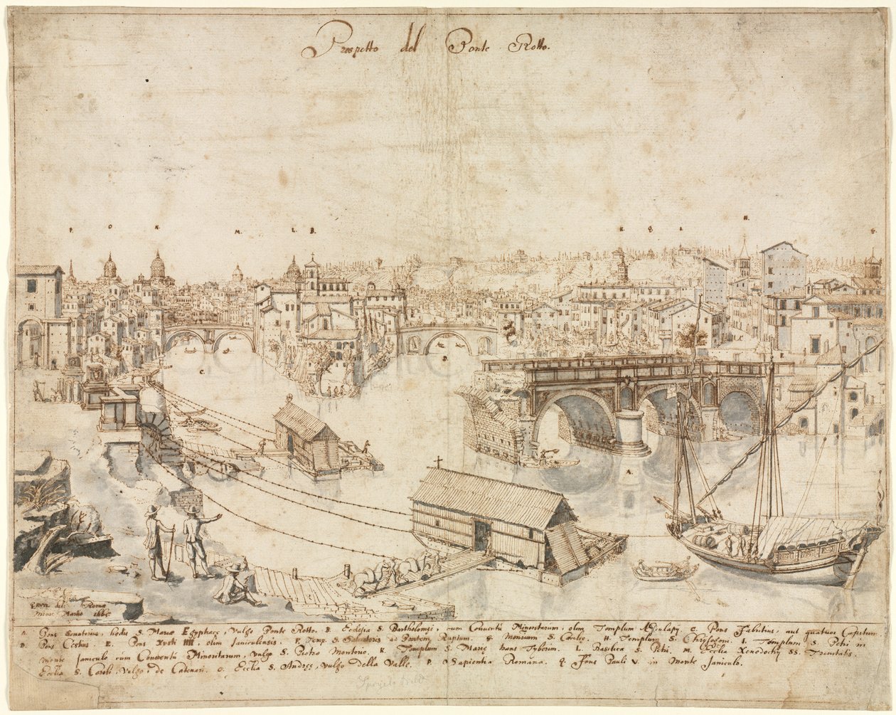 Atten utsikt over Roma: Ponte Rotto, 1665. av Lievin Cruyl