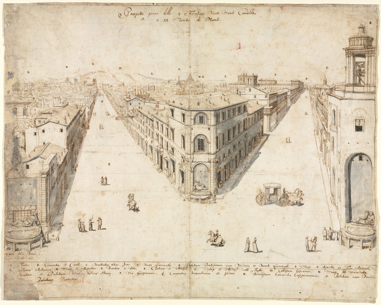 Atten utsikt over Roma: Quattro Fontane ser mot Monte Cavallo, 1665. av Lievin Cruyl