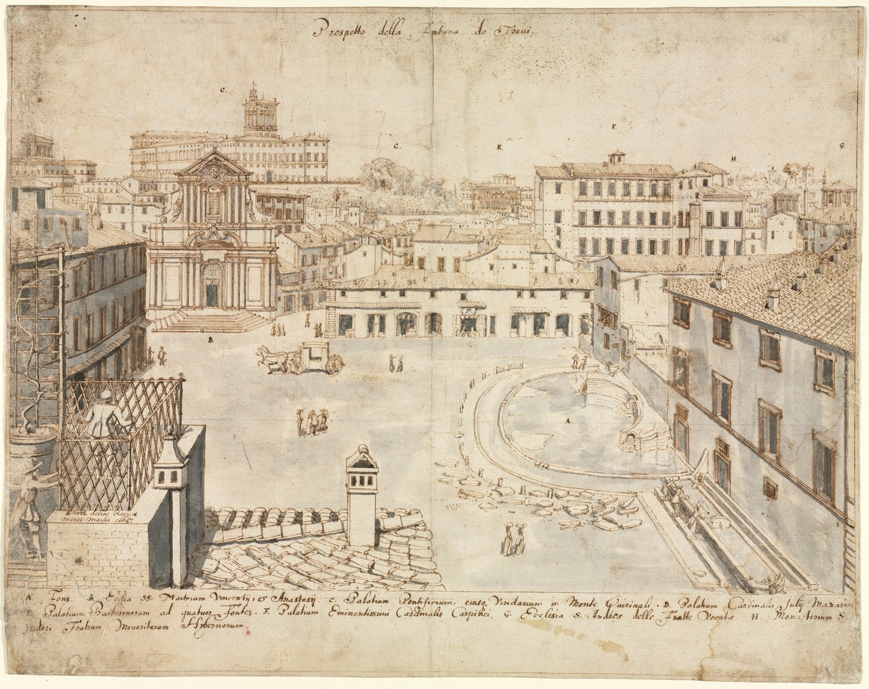 Atten utsikt over Roma: Trevifontenen, 1665. av Lievin Cruyl