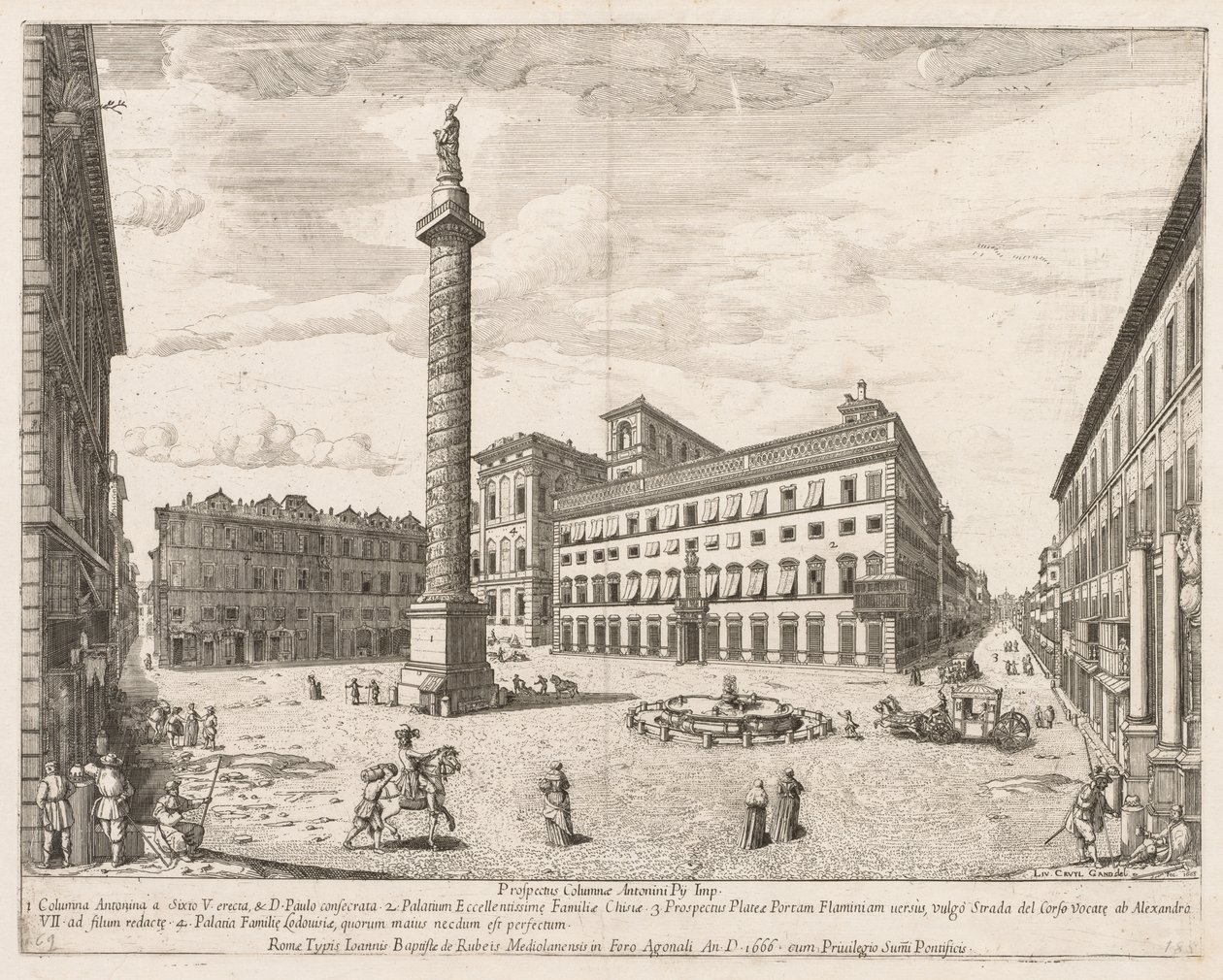 Piazza Colonna fra "Utsikt over landemerkene i byen Roma" av Lievin Cruyl