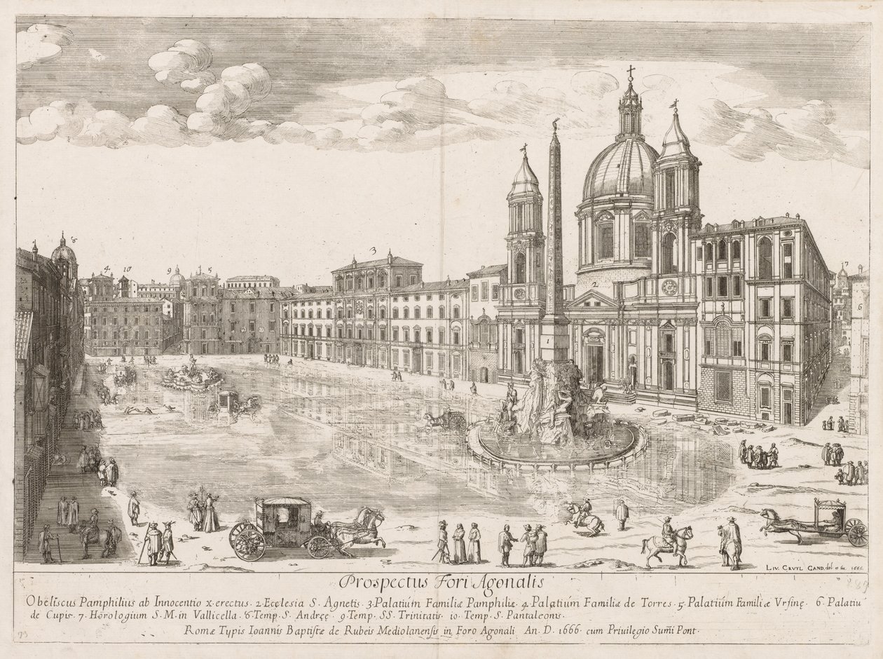 Piazza Navona fra prospektet til Lourum i byen Roma, 1666. av Lievin Cruyl