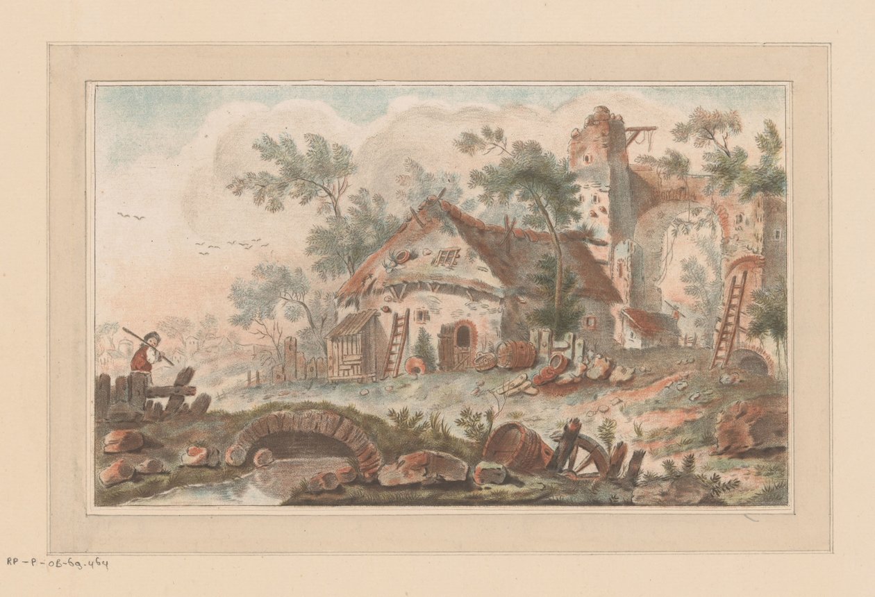 Hus foran en falleferdig byport, med en mann på en bro i forgrunnen av Liger (attributed to)