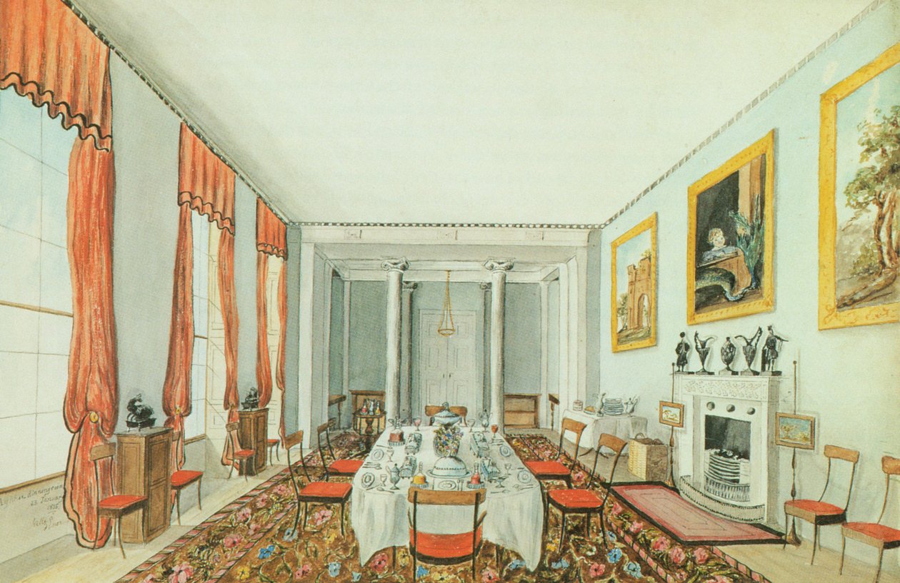 The Dining Room at Aynhoe, 23. januar 1835 (akvarell på papir) av Lili Cartwright