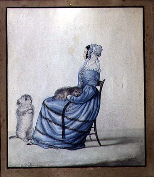 Portrett av Marianne Cartwright med sine kjæledyrhunder av Lili Cartwright