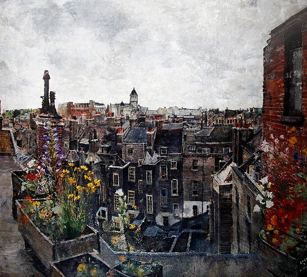 City of London Skies and Flowers (Roofs of High Holborn) 1930-tallet (olje på lerret) av Lily Delissa Joseph