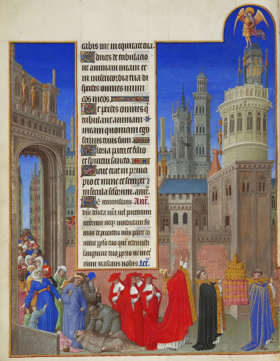 Très Riches Heures du Duc de Berry: The Procession of Saint Gregory, første del av Limbourg Brothers