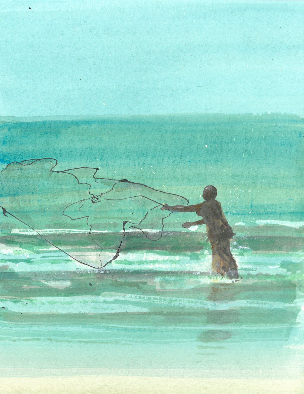 Lone Fisherman 1, 2015 (penn og blekk med wc på papir) av Lincoln Seligman