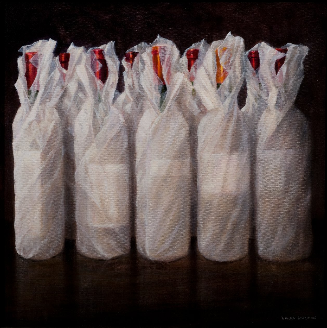 Wrapped Wine Bottles, 2010 (akryl på lerret) av Lincoln Seligman
