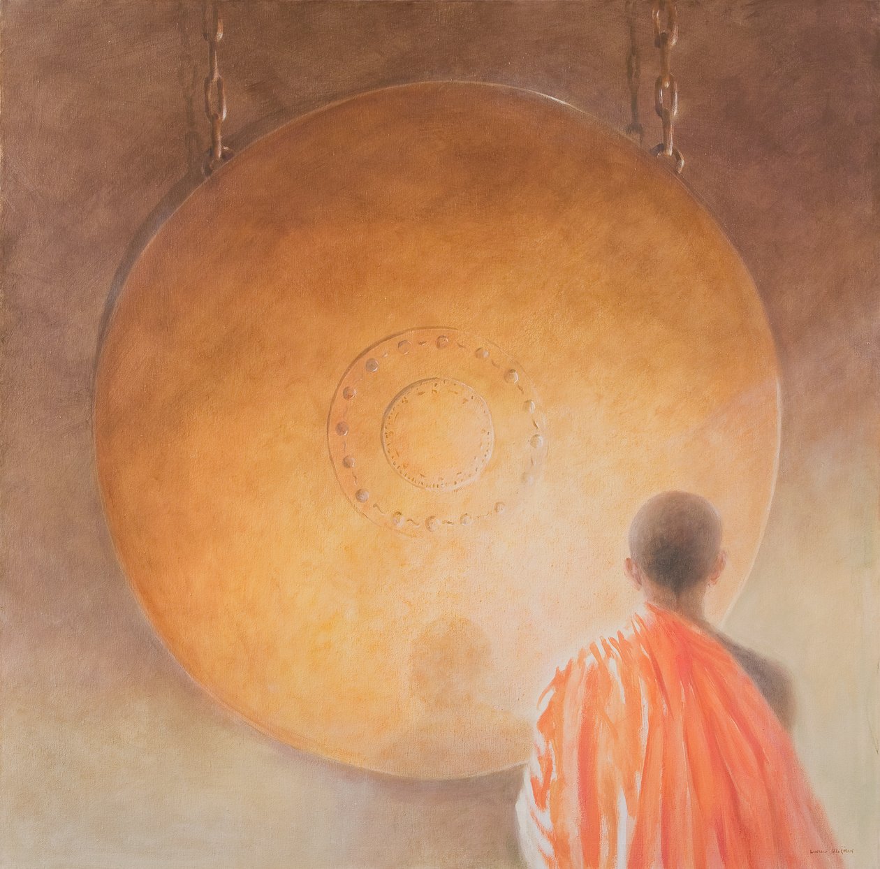 Young Buddhist Monk and Gong, Bhutan, 2010 (akryl på lerret) av Lincoln Seligman