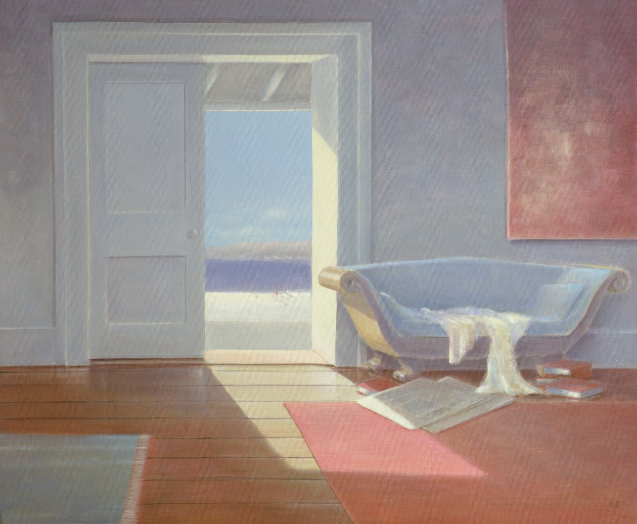 Strandhus, 1995 (akryl om bord) av Lincoln Seligman