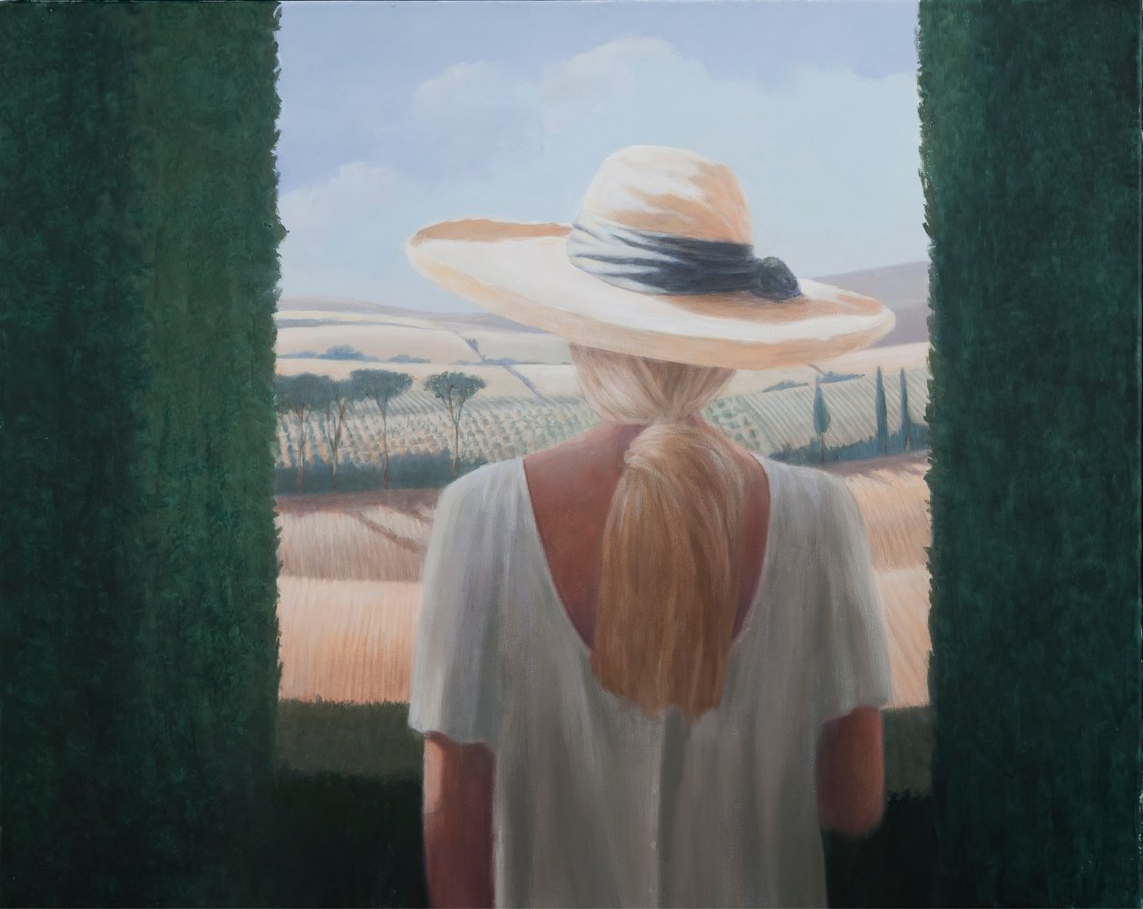 Jente, sett bakfra, Toscana, 2012 (akryl på lerret) av Lincoln Seligman