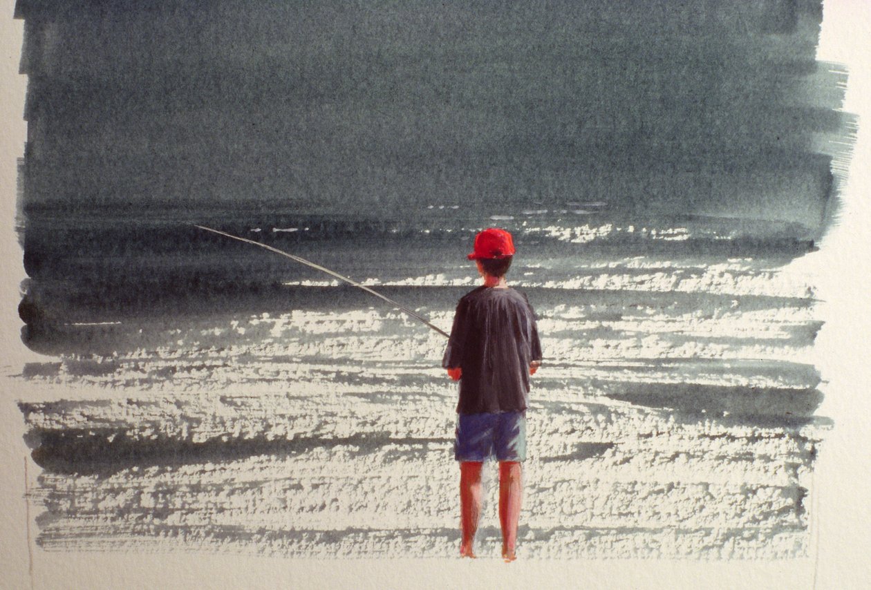 Henry Fishing, Alpene, 1990 (akryl på papir) av Lincoln Seligman