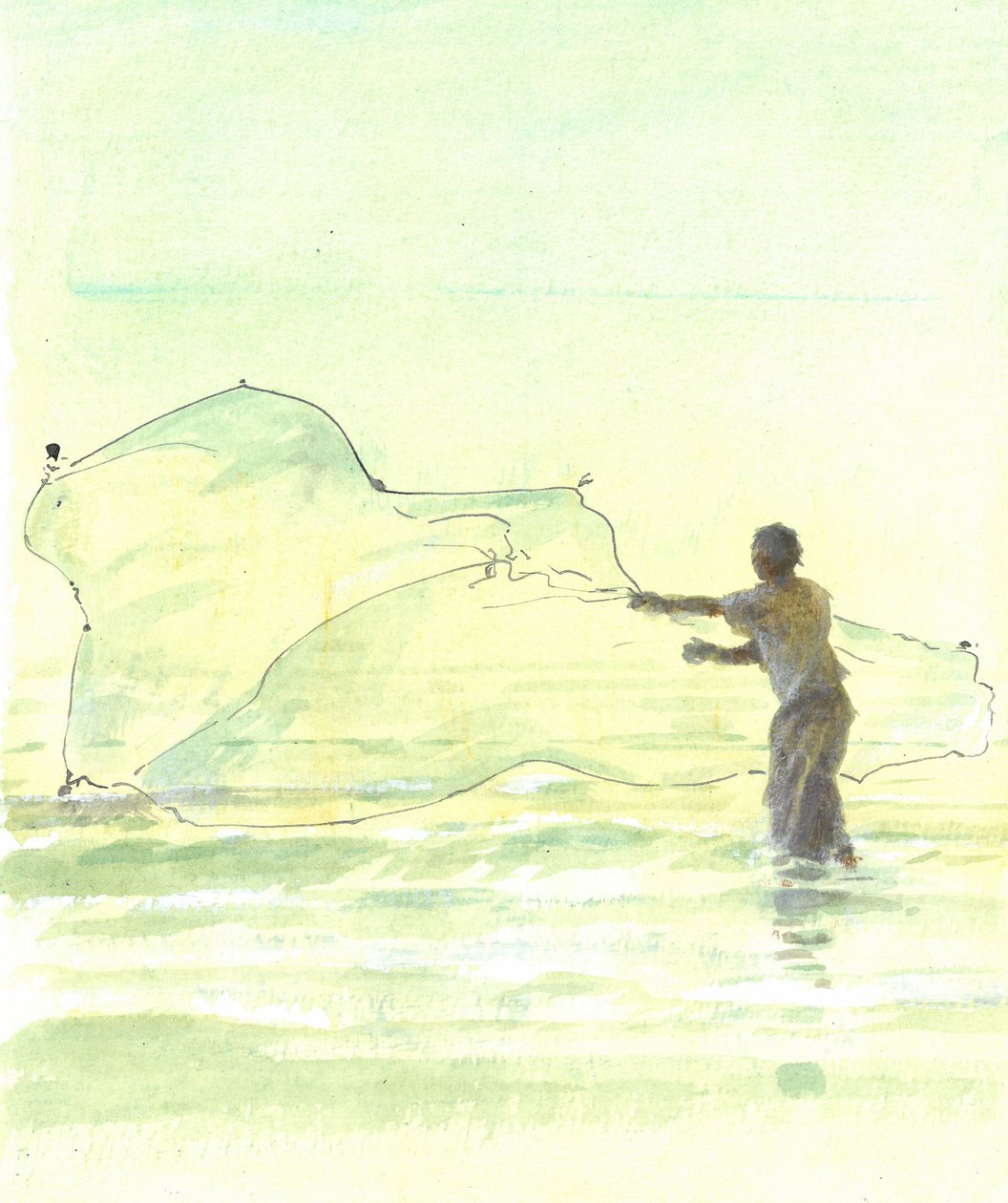 Lone Fisherman 2, 2015 (penn og blekk med wc på papir) av Lincoln Seligman
