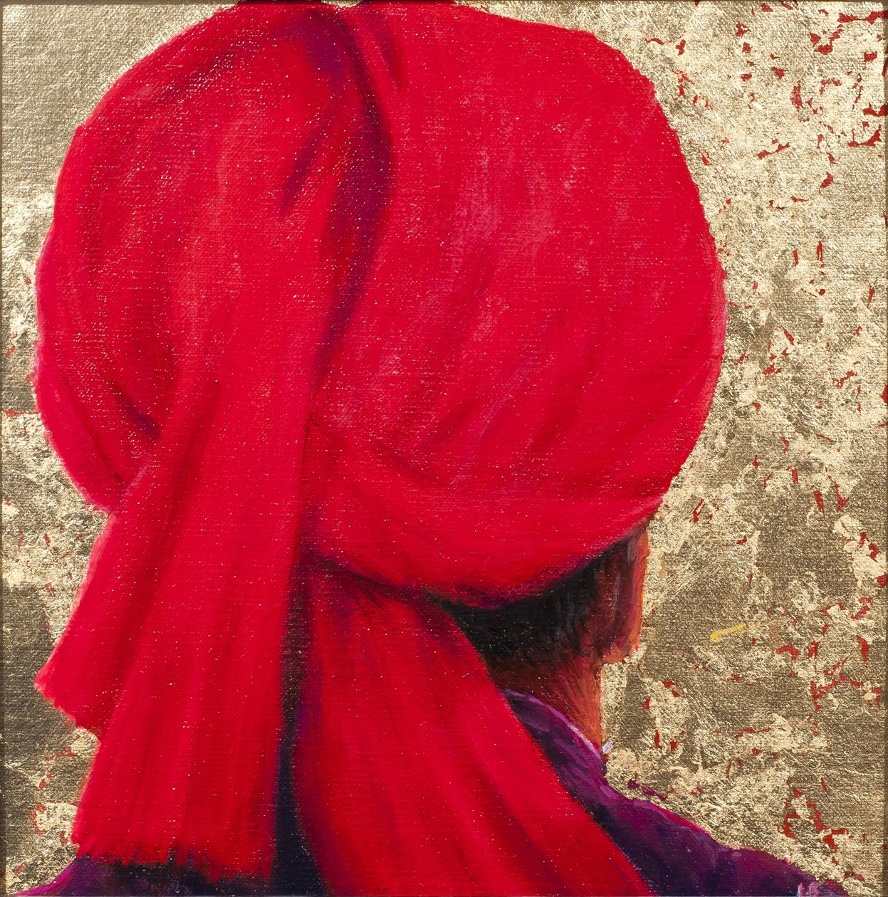 Rød turban på bladgull, 2014 (olje på lerret med bladgull) av Lincoln Seligman