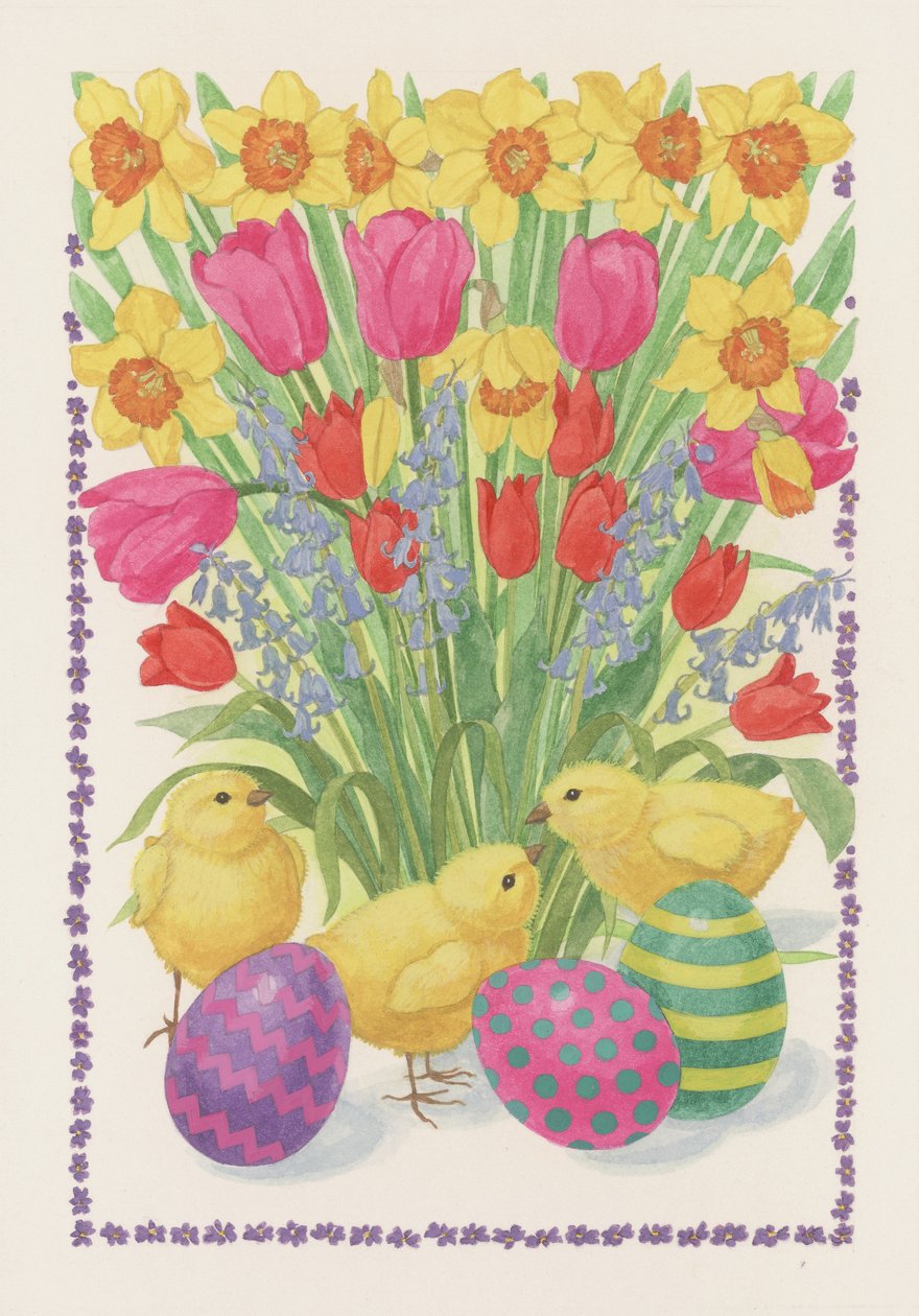 Kyllinger, egg og blomster, 1995 (wc på papir) av Linda Benton