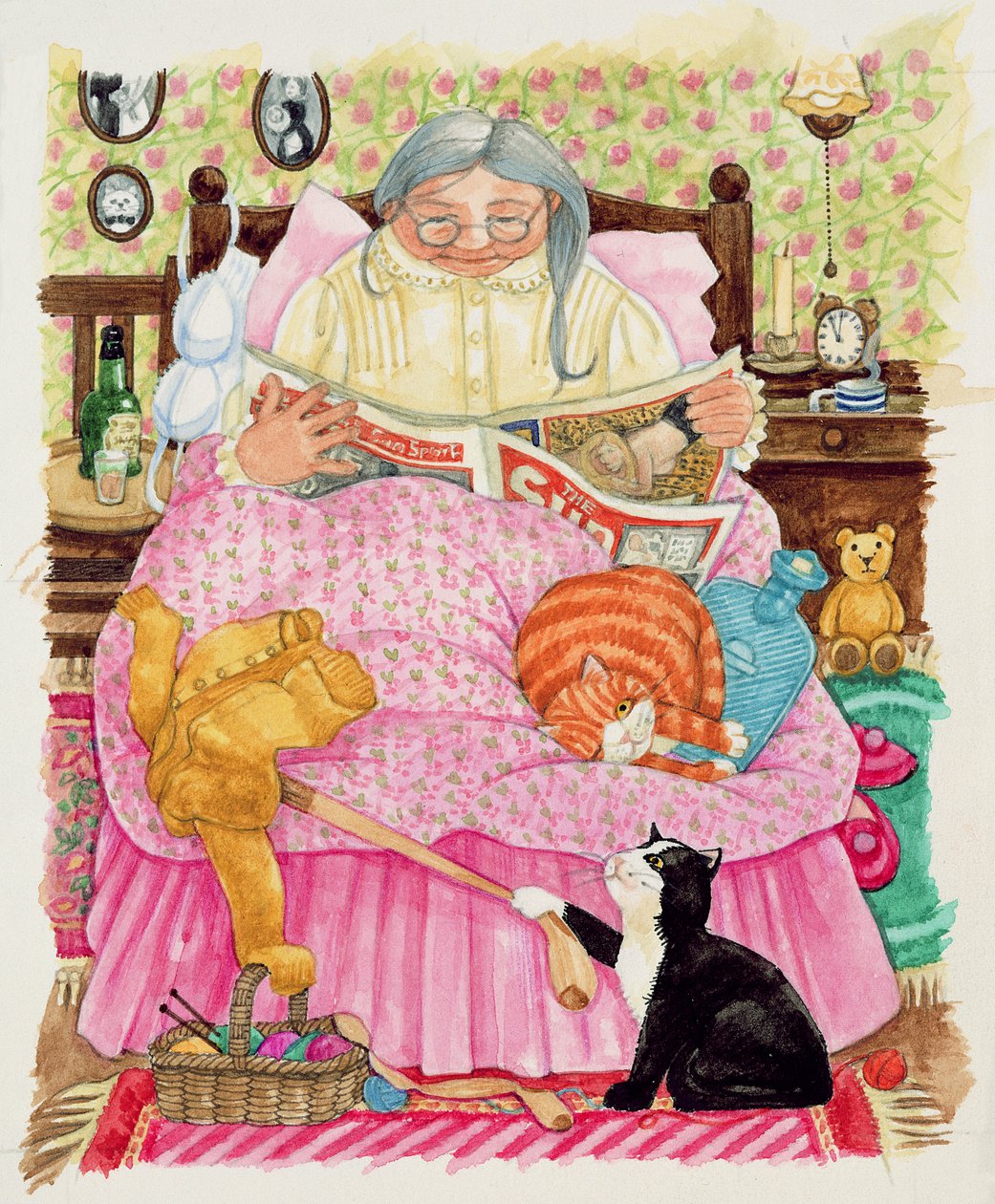 Bestemor og 2 katter og en rosa seng (wc på papir) av Linda Benton