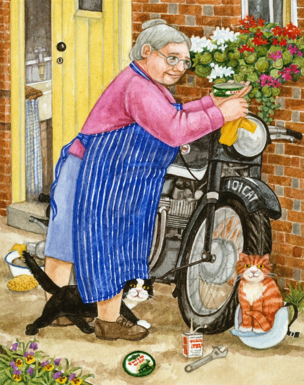 Bestemor og 2 katter og motorsykkel (wc på papir) av Linda Benton