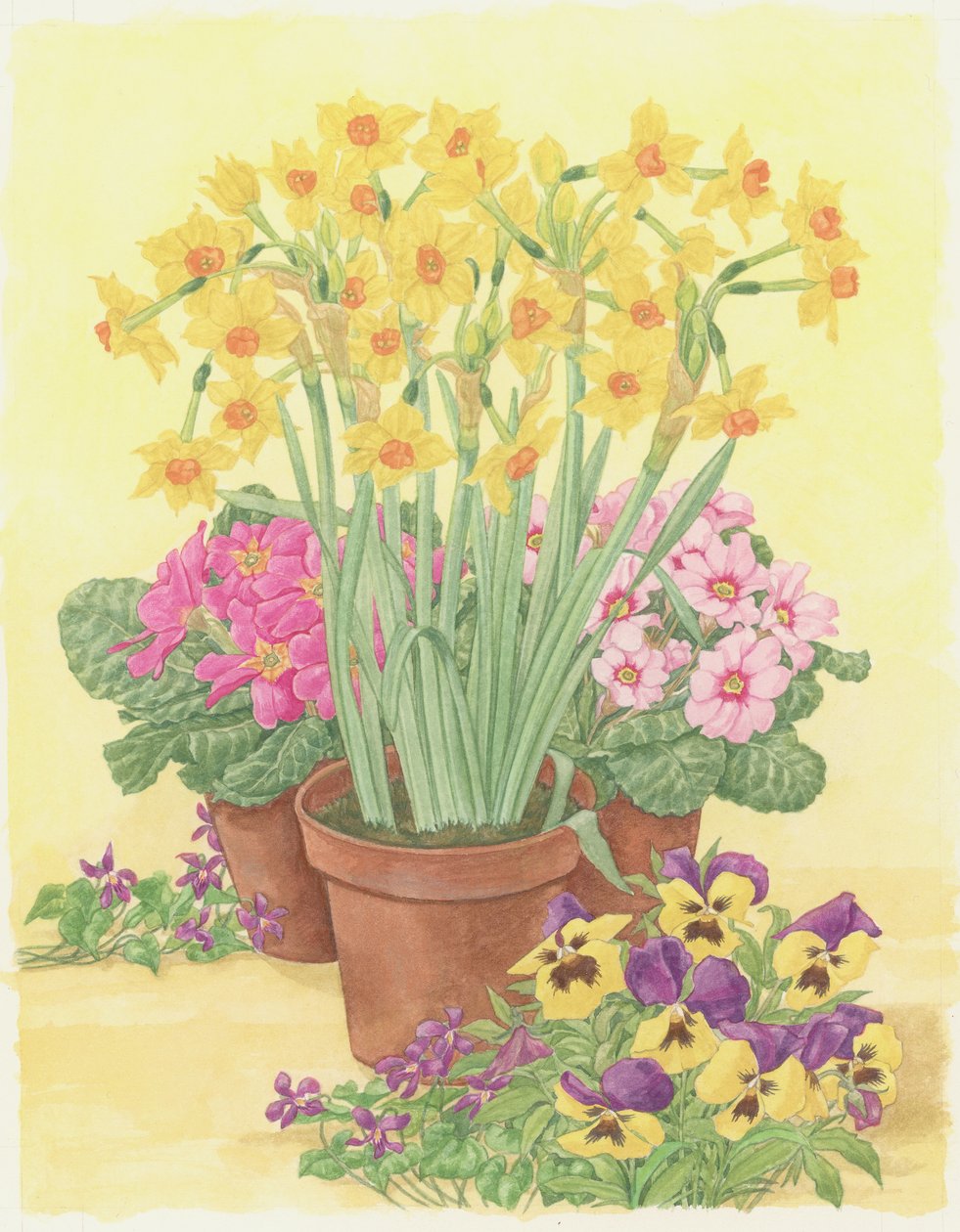 Potter med vårblomster, 2003 (wc på papir) av Linda Benton