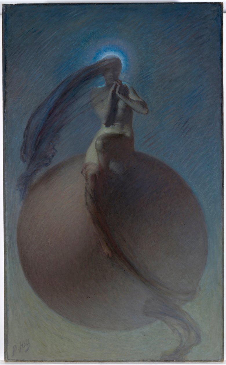 ""La quete"" (The Quest) Drømmelignende representasjon, kvinnelig silhuett plassert på en globus - Maleri av Lindsay Bernard Hall (1859-1935) ca. 1905 - Olje på lerret Dim 154x94,5 cm National Gallery of Australia, Canberra av Lindsay Bernard Hall