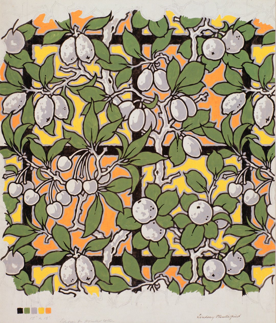 Mixed Fruit on Trellis, design for trykt bomull, 1900-tallet av Lindsay P. Butterfield