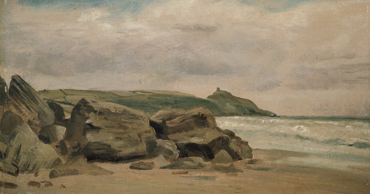 Utsikt mot Rame Head, Cornwall, 1800-tallet (olje på kvernbrett) av Lionel Constable