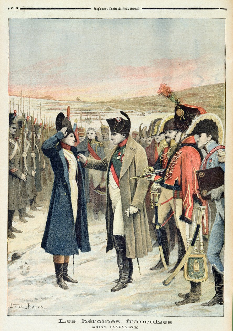 Napoleon Bonaparte (1769-1821) overrekker den kvinnelige offiseren, Marie Schellinck med en medalje på slagmarken, illustrasjon fra 