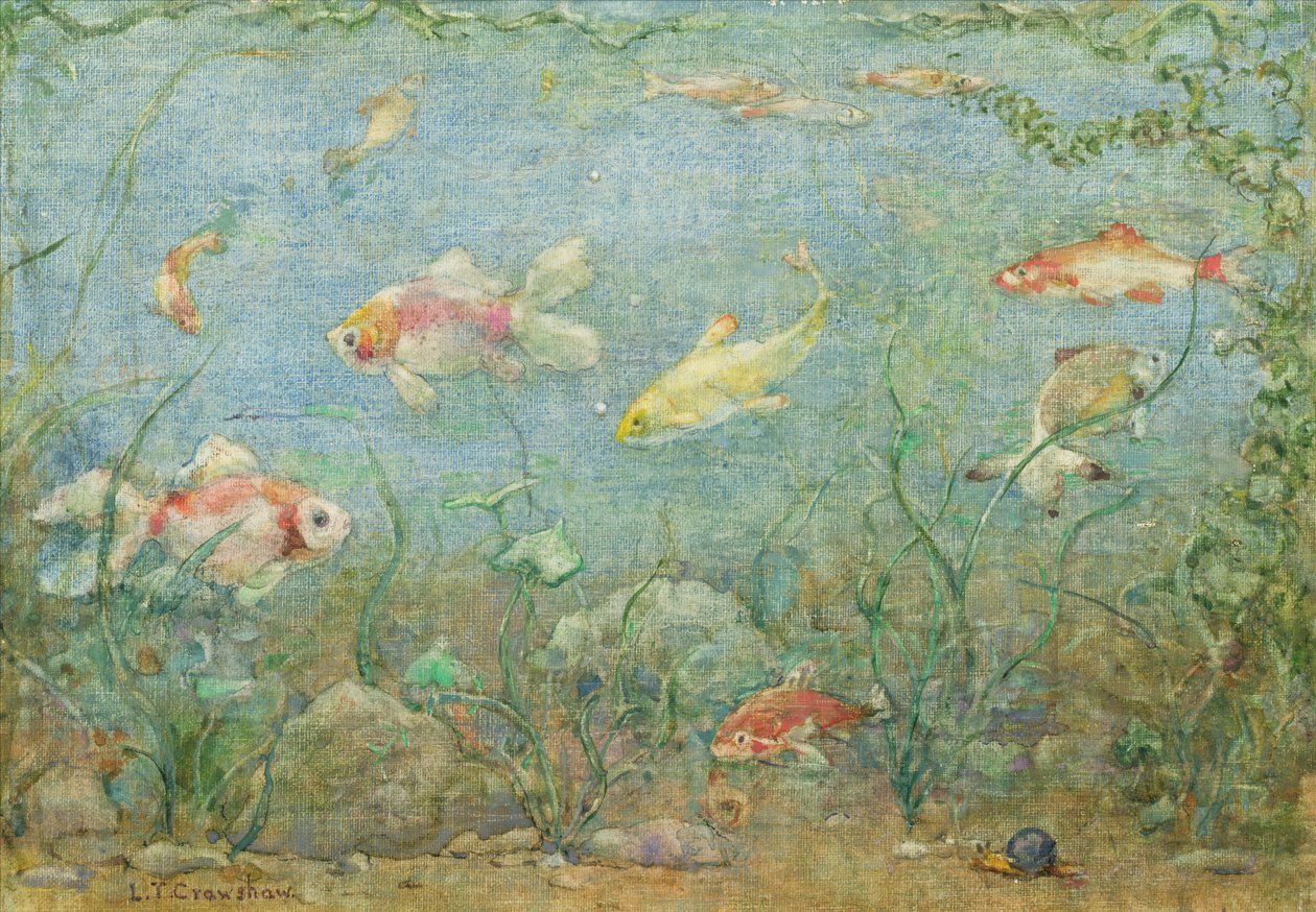 Undervannsscene (akvarell og kroppsfarge på lin) av Lionel Townsend Crawshaw