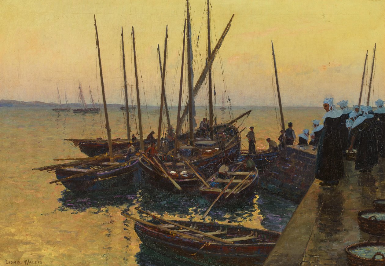 Fiskebåter langs brygga av Lionel Walden