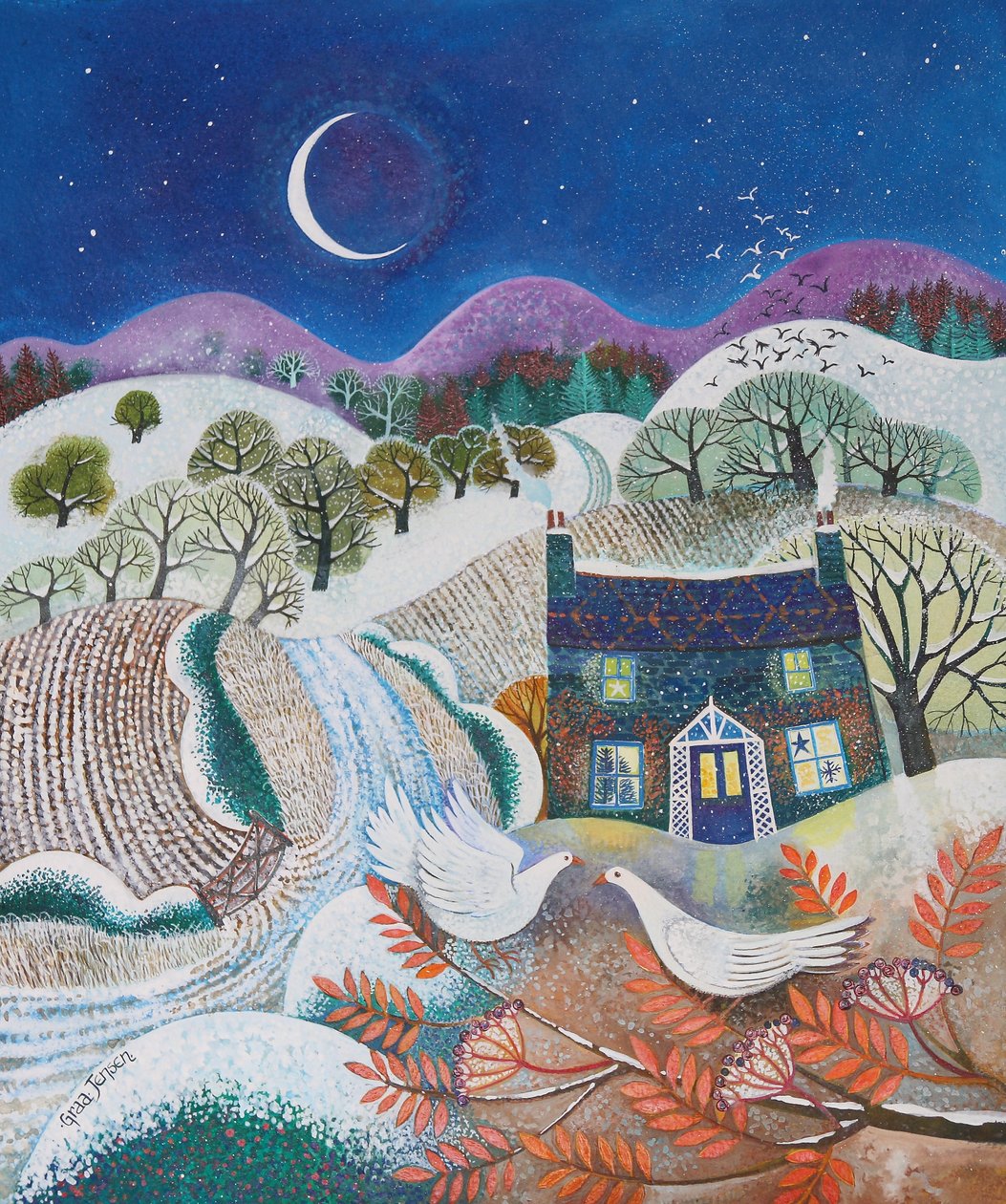 Snowbirds, 2018, (akrylblekk på papir) av Lisa Graa Jensen