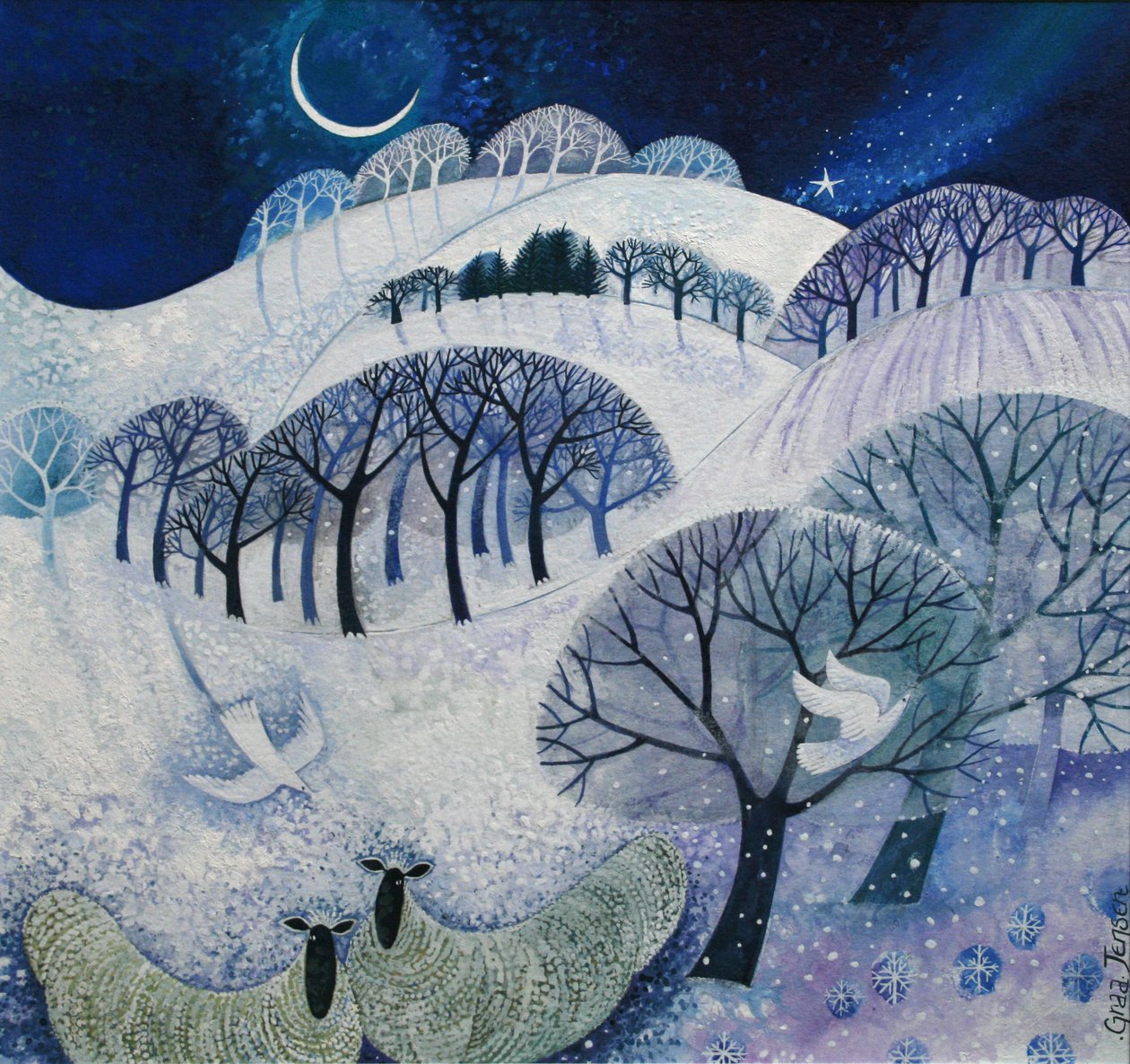 Snowy Night (akrylblekk) av Lisa Graa Jensen