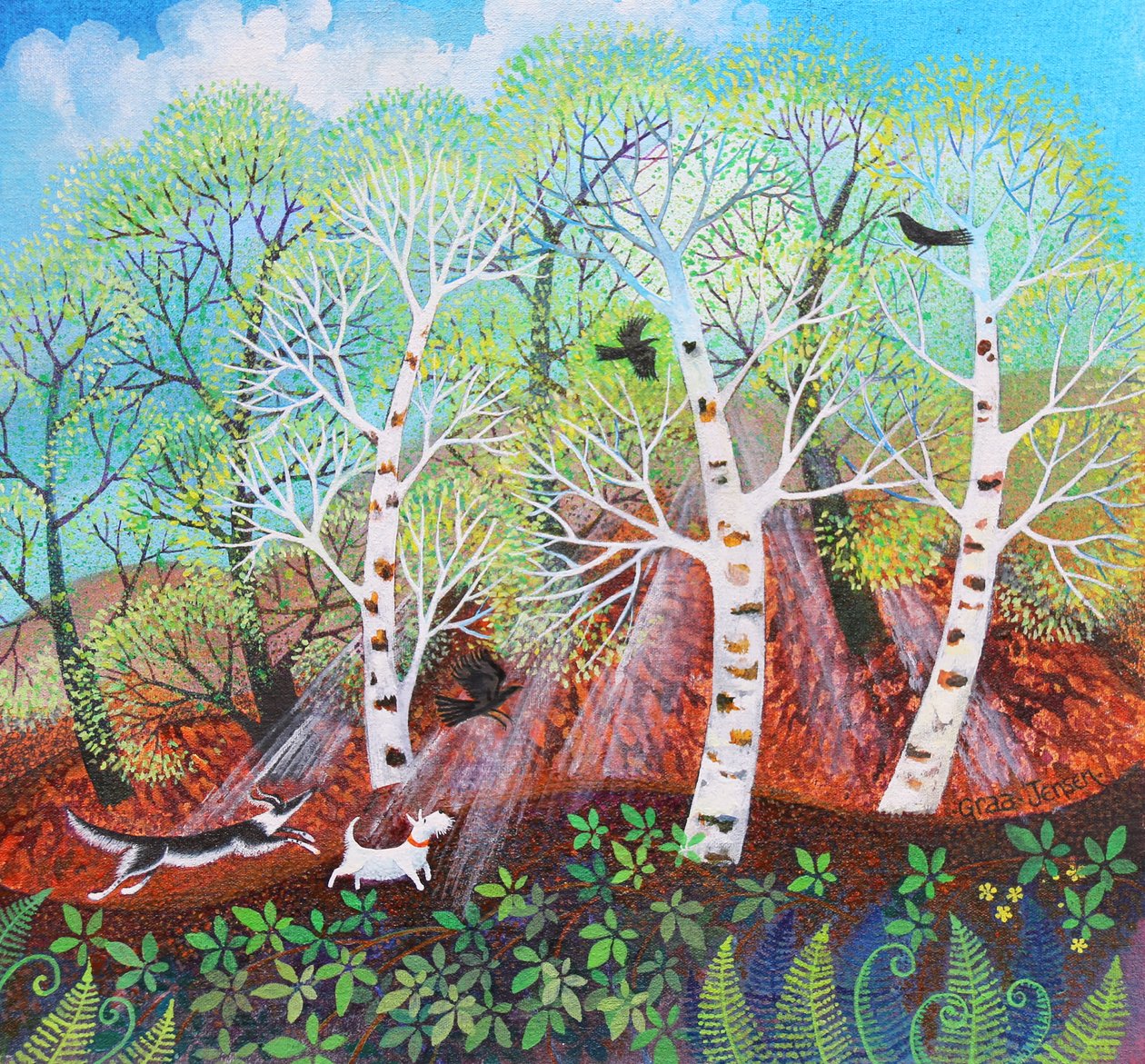 Chasing Crows on the Common, 2021 (akryl på lerret) av Lisa Graa Jensen