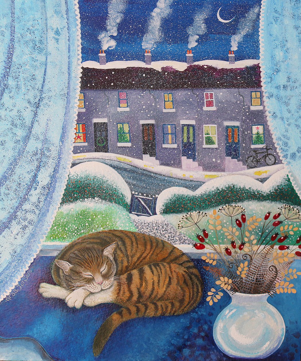 Cozy Cat, 2016, (akrylblekk på papir) av Lisa Graa Jensen