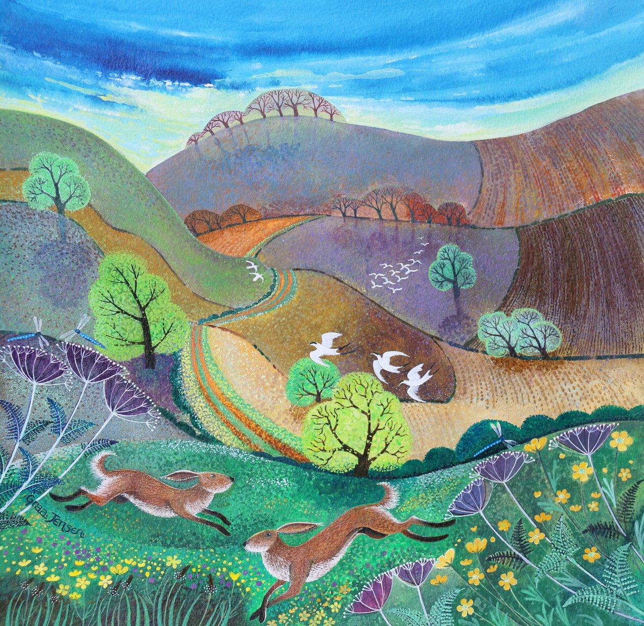Downland Hares, 2017, (akryl på papir) av Lisa Graa Jensen