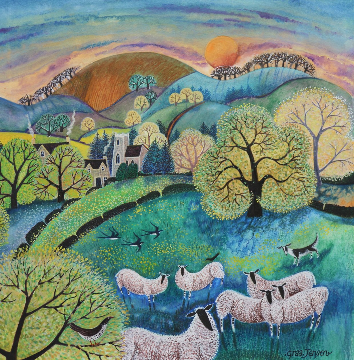 Grazing Sheep, 2021 (akryl på papir) av Lisa Graa Jensen