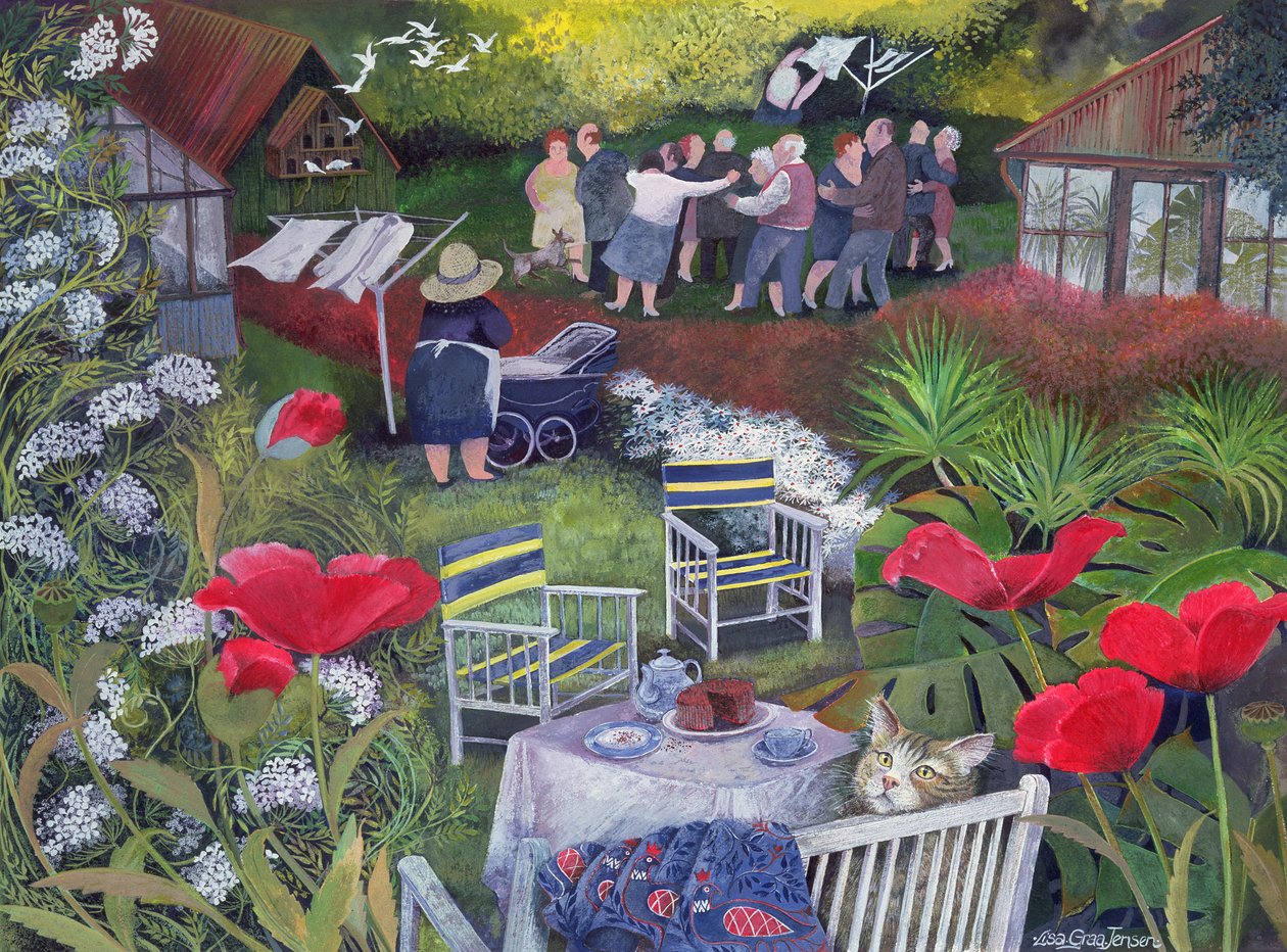 Neighborhood Watch Party, 1995 (akrylblekk, gouache) av Lisa Graa Jensen